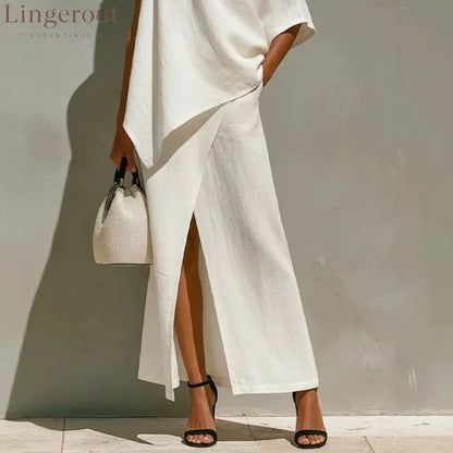 Asymmetric Knot Linen Two-Piece White Set