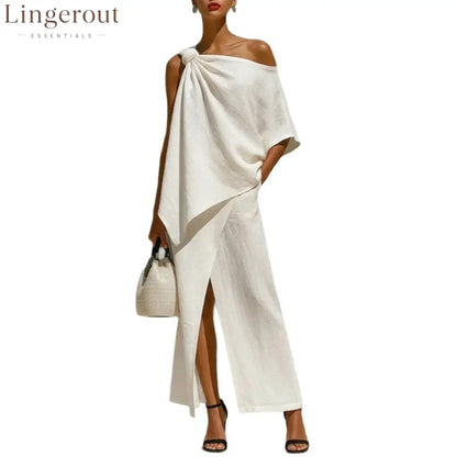 Asymmetric Knot Linen Two-Piece White Set