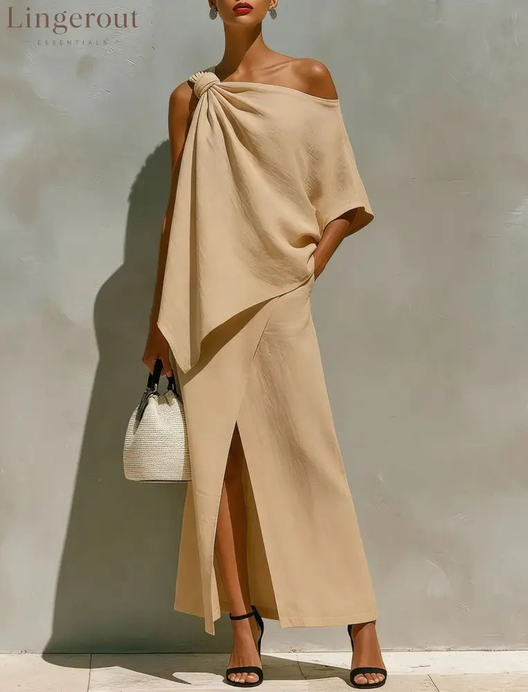 Asymmetric Knot Linen Two-Piece White Set - Apricot / S