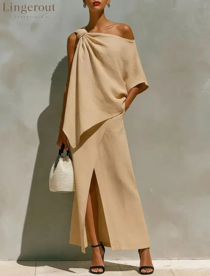 Asymmetric Knot Linen Two-Piece White Set - Apricot / S