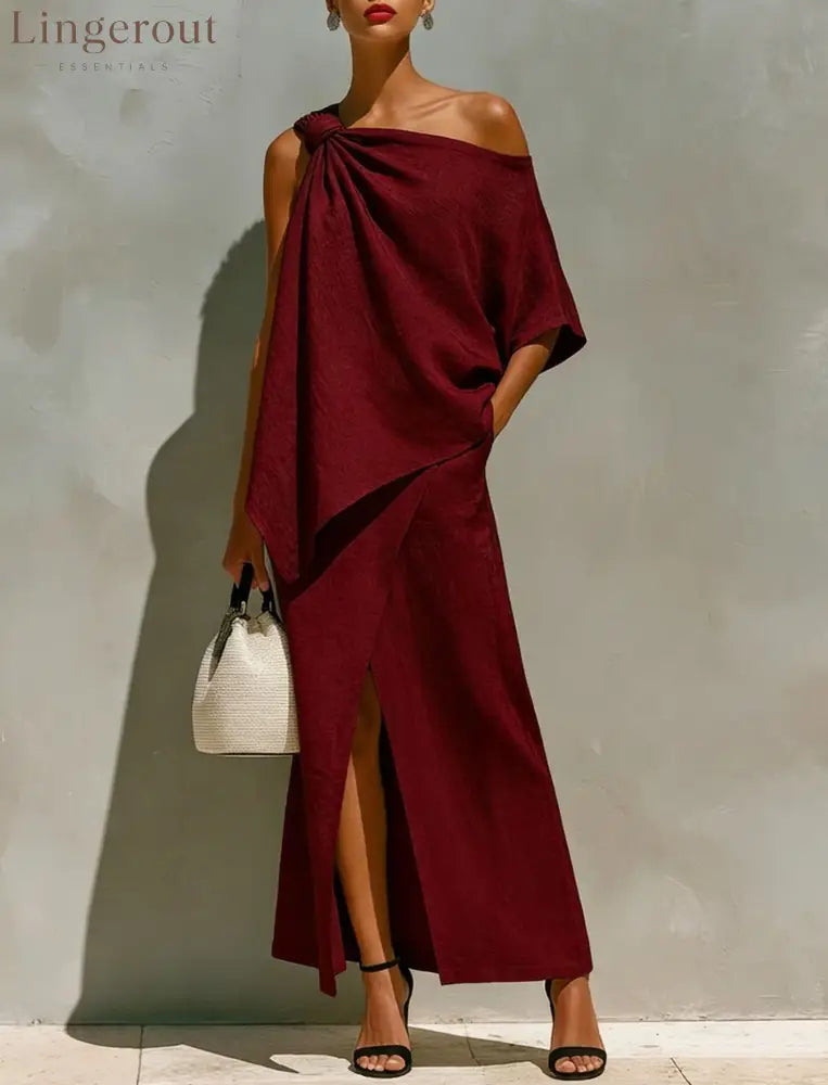 Asymmetric Knot Linen Two-Piece White Set - Burgundy / S