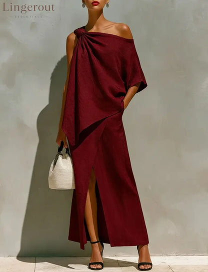 Asymmetric Knot Linen Two-Piece White Set - Burgundy / S