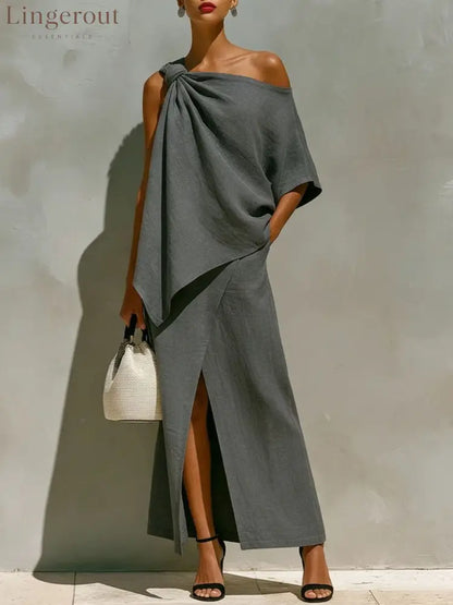 Asymmetric Knot Linen Two-Piece White Set - Gray / S