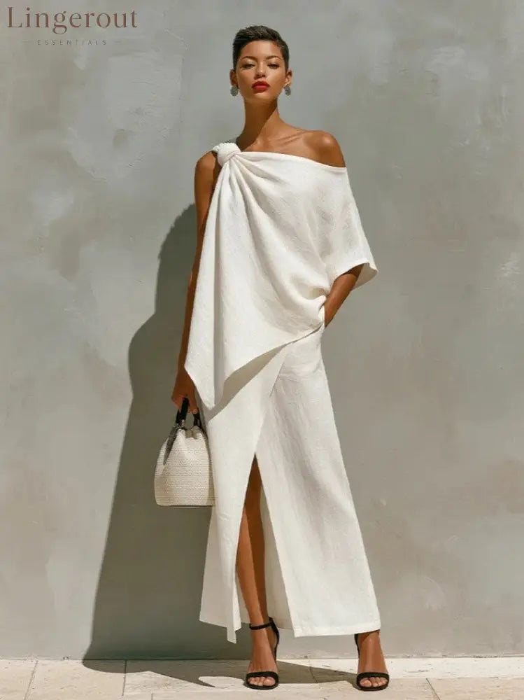 Asymmetric Knot Linen Two-Piece White Set - White / S
