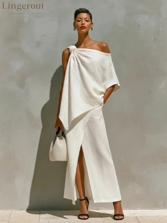Asymmetric Knot Linen Two-Piece White Set - White / S