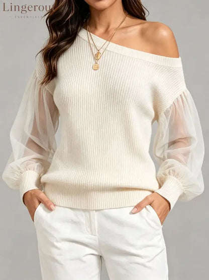 Asymmetric Off‑Shoulder Mesh Puff Sleeve Ribbed Knit Sweater - apricot / S