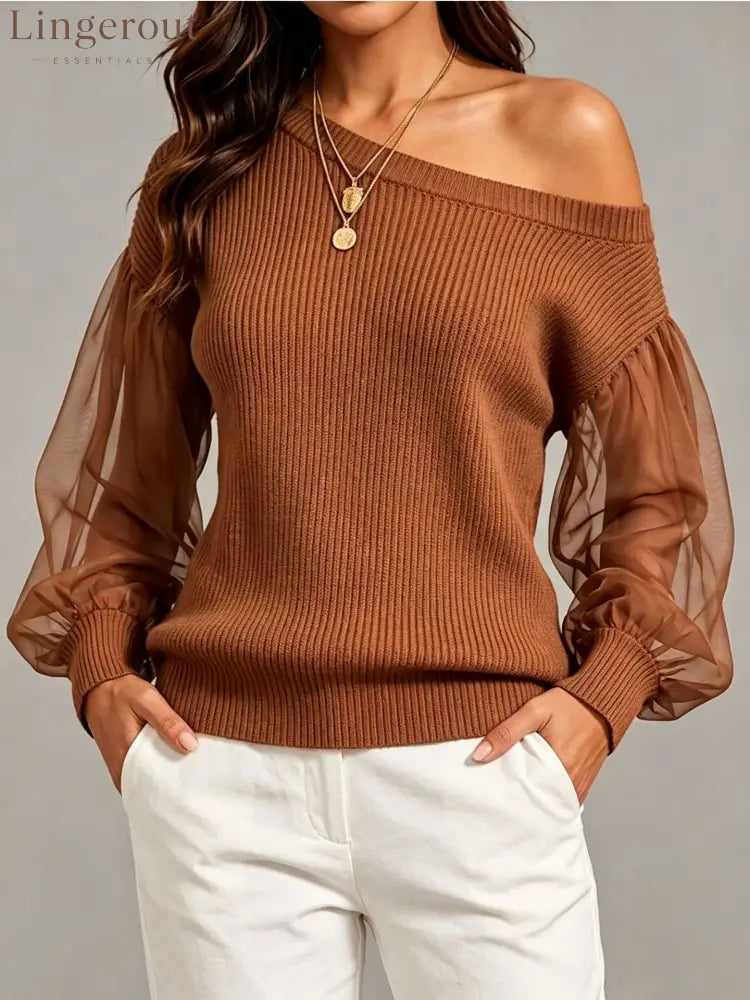 Asymmetric Off‑Shoulder Mesh Puff Sleeve Ribbed Knit Sweater - coffee‑colored / S