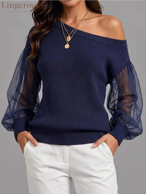 Asymmetric Off‑Shoulder Mesh Puff Sleeve Ribbed Knit Sweater - dark blue / S