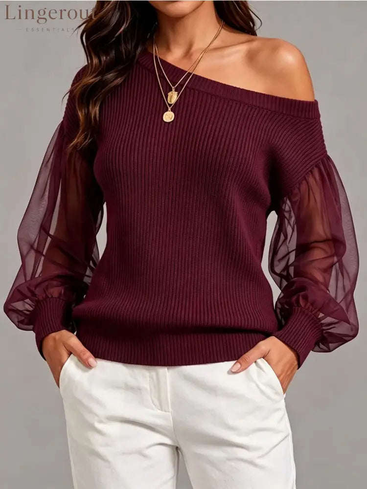 Asymmetric Off‑Shoulder Mesh Puff Sleeve Ribbed Knit Sweater - dark red / S