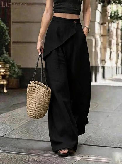 Asymmetric Overlay Linen Blend Wide Leg Pants - Black / S