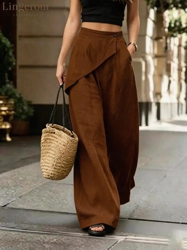 Asymmetric Overlay Linen Blend Wide Leg Pants - Brown / S