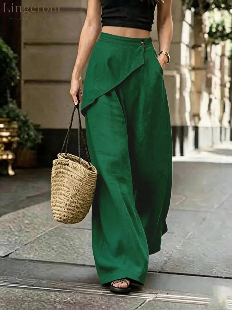 Asymmetric Overlay Linen Blend Wide Leg Pants - Green / S