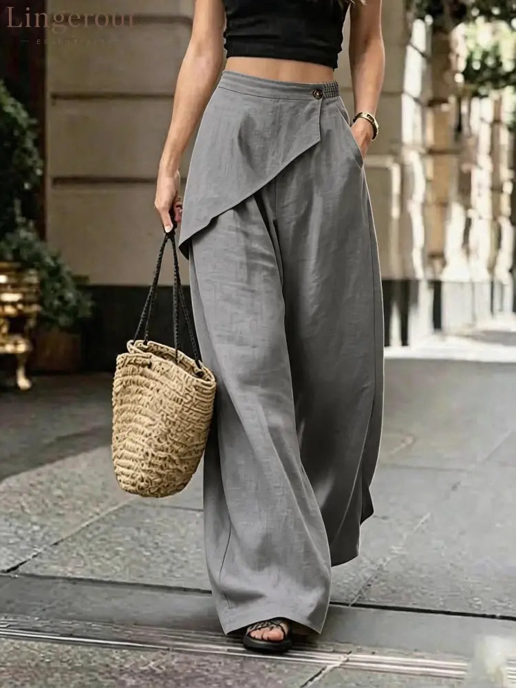 Asymmetric Overlay Linen Blend Wide Leg Pants - Grey / S