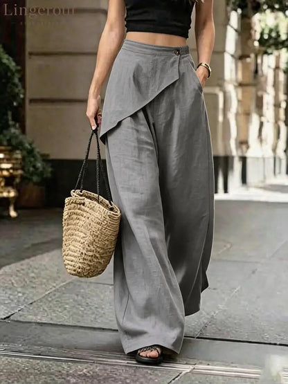 Asymmetric Overlay Linen Blend Wide Leg Pants - Grey / S