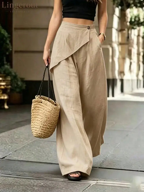 Asymmetric Overlay Linen Blend Wide Leg Pants - Khaki / S