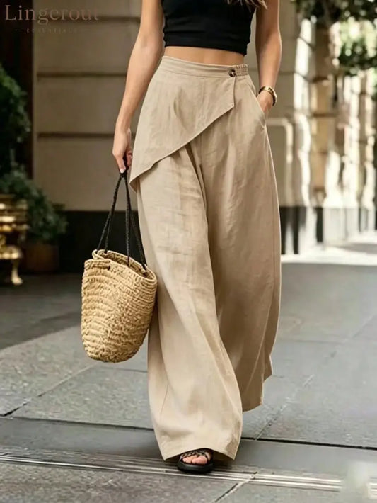 Asymmetric Overlay Linen Blend Wide Leg Pants - Khaki / S