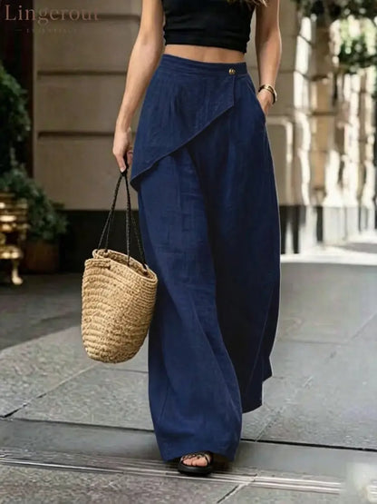 Asymmetric Overlay Linen Blend Wide Leg Pants - Navy blue / S