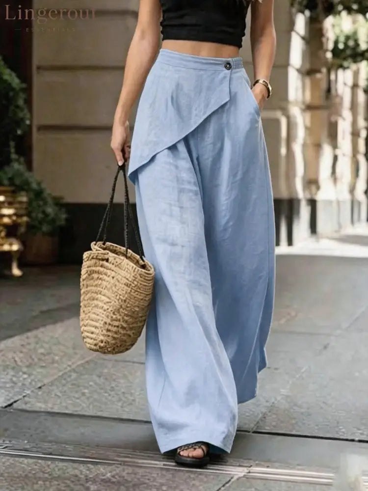 Asymmetric Overlay Linen Blend Wide Leg Pants - Sky blue / S