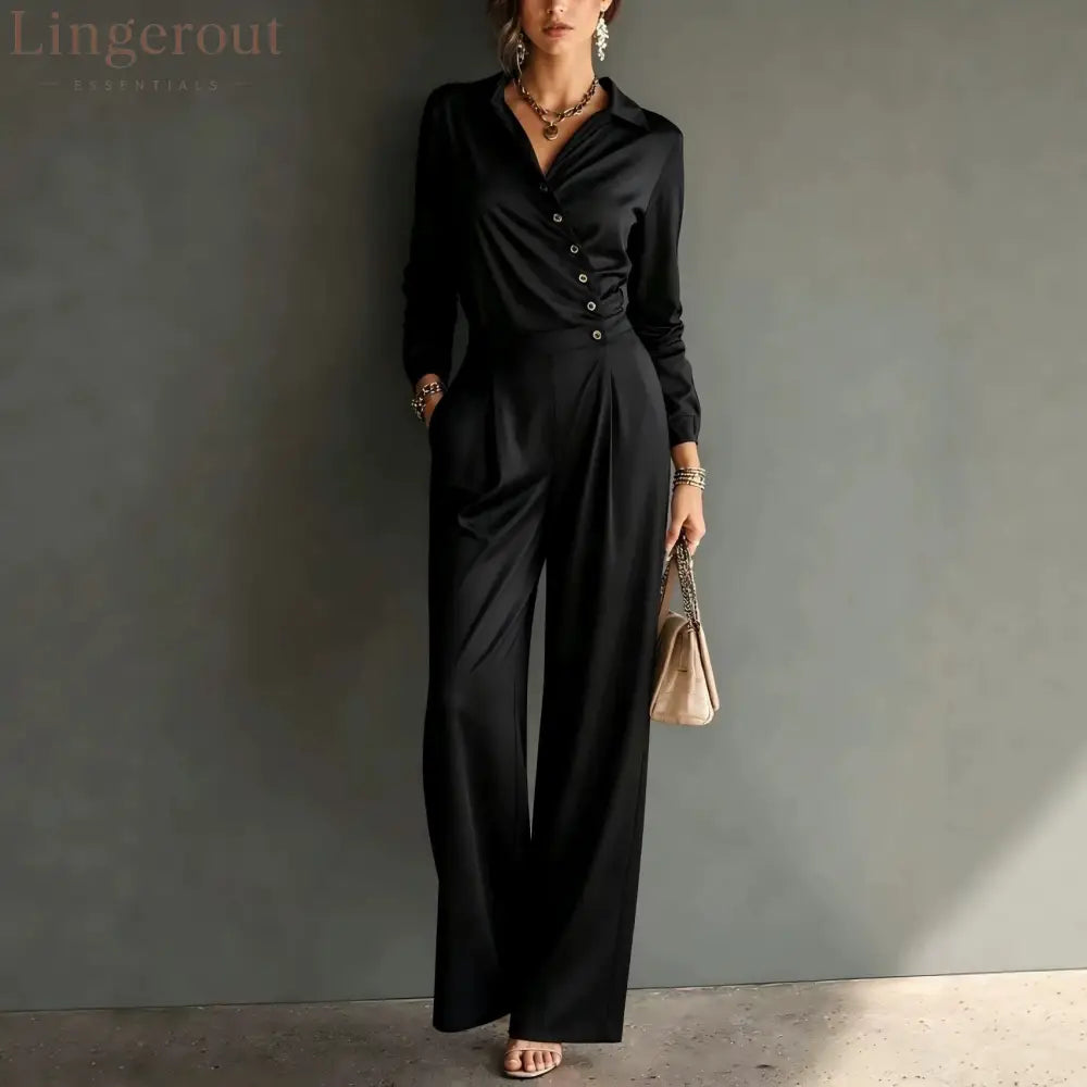 Asymmetric Wrap Shirt Wide Leg Pleated Jumpsuit
