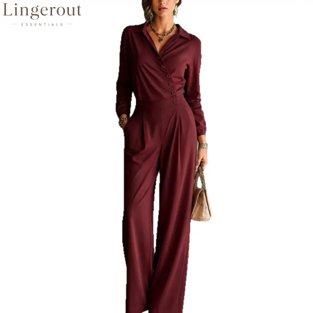 Asymmetric Wrap Shirt Wide Leg Pleated Jumpsuit