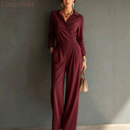 Asymmetric Wrap Shirt Wide Leg Pleated Jumpsuit