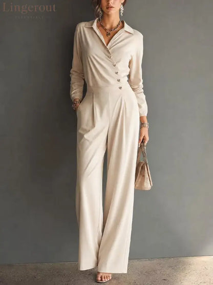 Asymmetric Wrap Shirt Wide Leg Pleated Jumpsuit - Apricot / S
