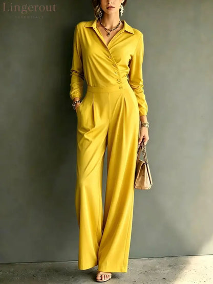 Asymmetric Wrap Shirt Wide Leg Pleated Jumpsuit - Yellow / S