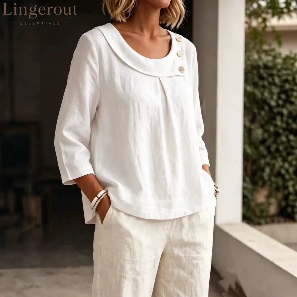 Asymmetrical Button Collar Linen Top
