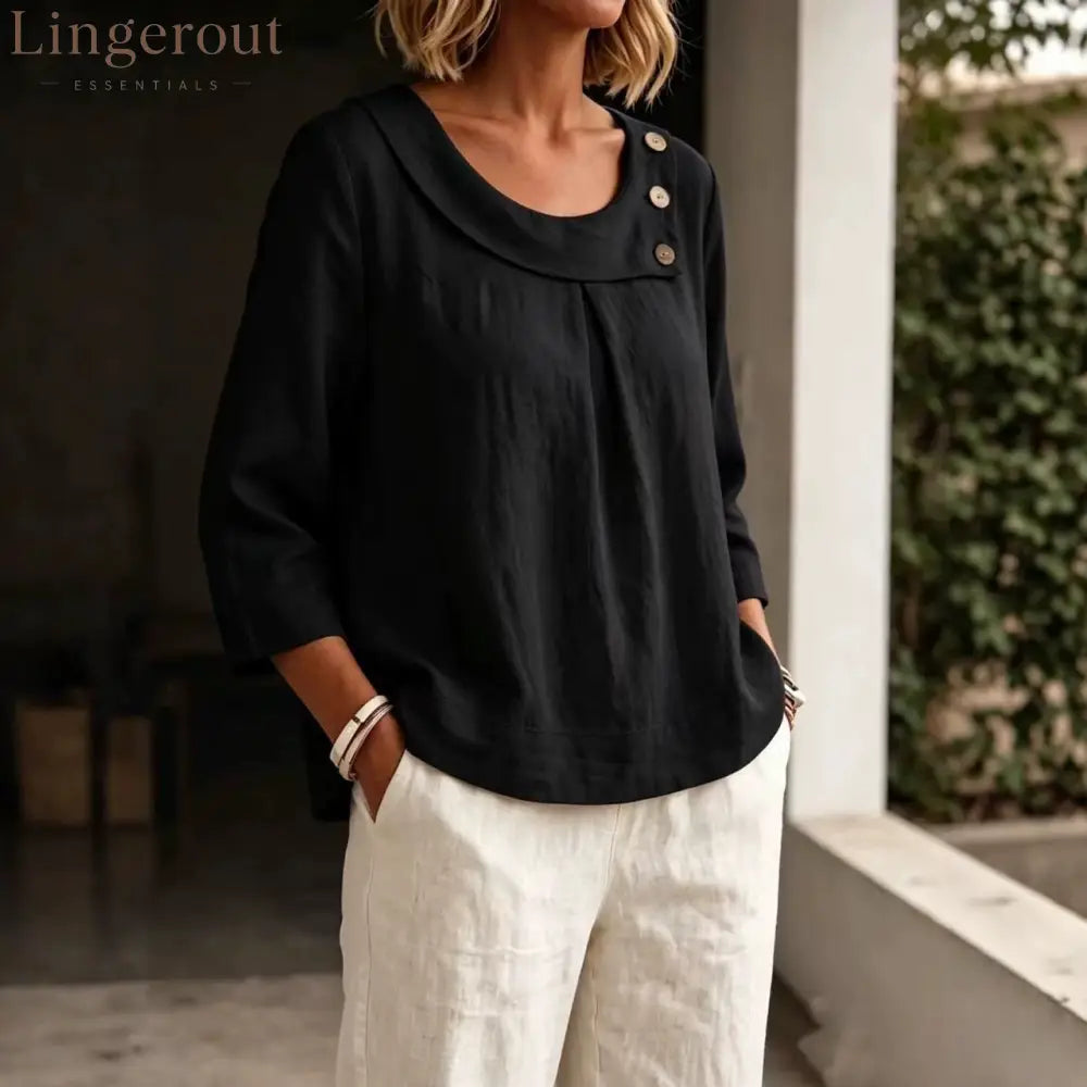 Asymmetrical Button Collar Linen Top