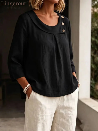 Asymmetrical Button Collar Linen Top - Black / S