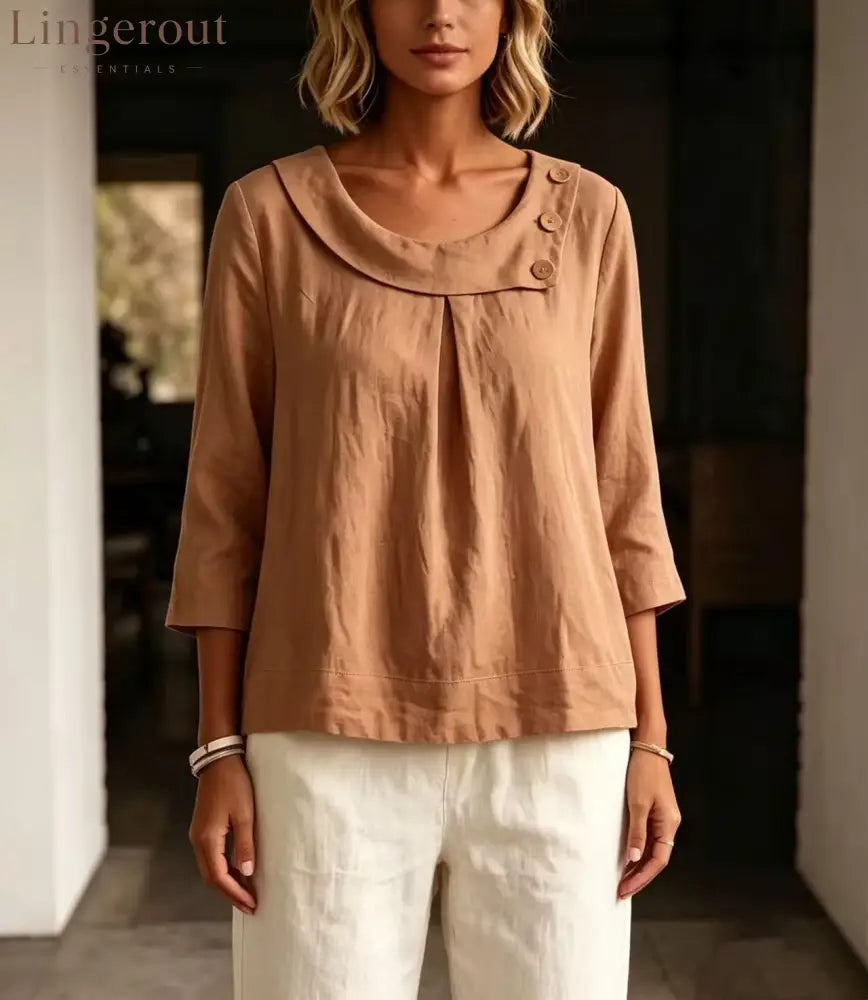 Asymmetrical Button Collar Linen Top - Light brown / S