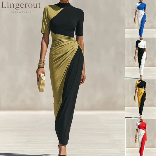 Asymmetrical Color Block Ruched High Neck Midi Bodycon Dress