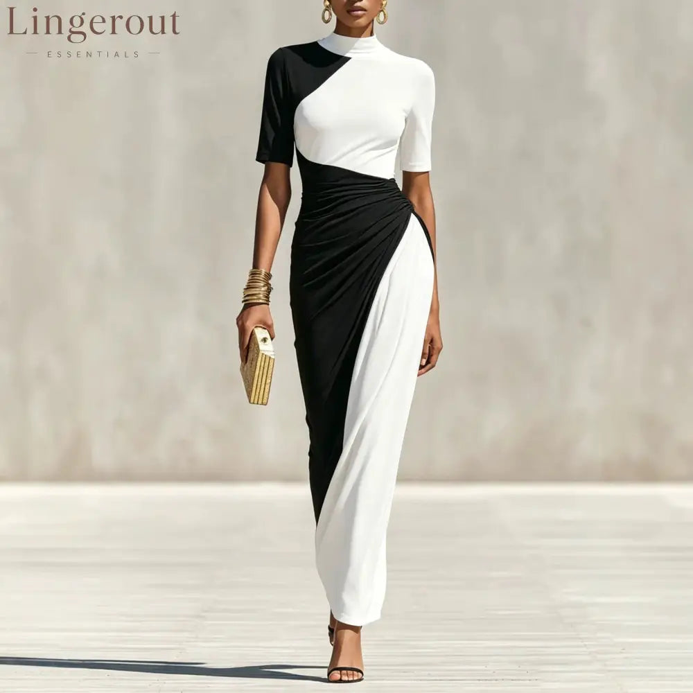 Asymmetrical Color Block Ruched High Neck Midi Bodycon Dress - Black and white / S