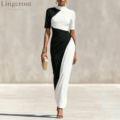 Asymmetrical Color Block Ruched High Neck Midi Bodycon Dress - Black and white / S