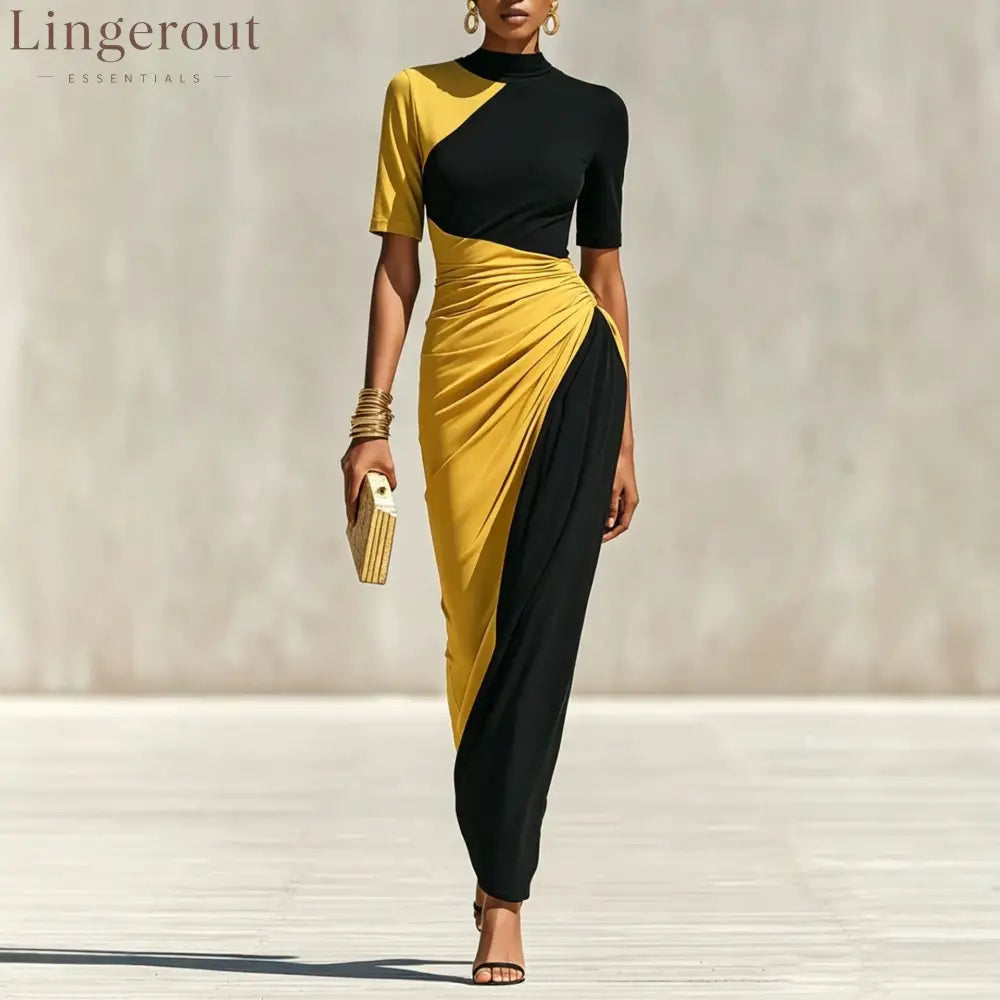 Asymmetrical Color Block Ruched High Neck Midi Bodycon Dress - Black and yellow / S