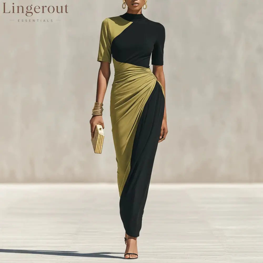 Asymmetrical Color Block Ruched High Neck Midi Bodycon Dress - Black green / S