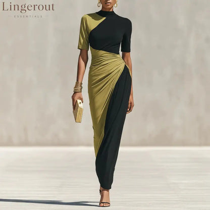 Asymmetrical Color Block Ruched High Neck Midi Bodycon Dress - Black green / S