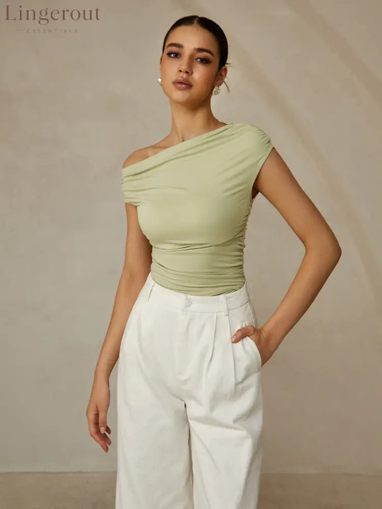 Asymmetrical Neck Sleeveless T-Shirt - LightGreen / XS