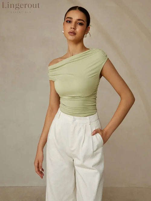 Asymmetrical Neck Sleeveless T-Shirt - LightGreen / XS