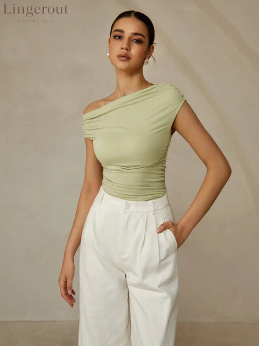 Asymmetrical Neck Sleeveless T-Shirt - LightGreen / XS