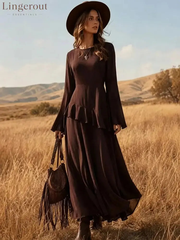 Asymmetrical Ruffle Long‑Sleeve Chiffon Maxi Dress