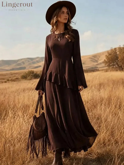 Asymmetrical Ruffle Long‑Sleeve Chiffon Maxi Dress