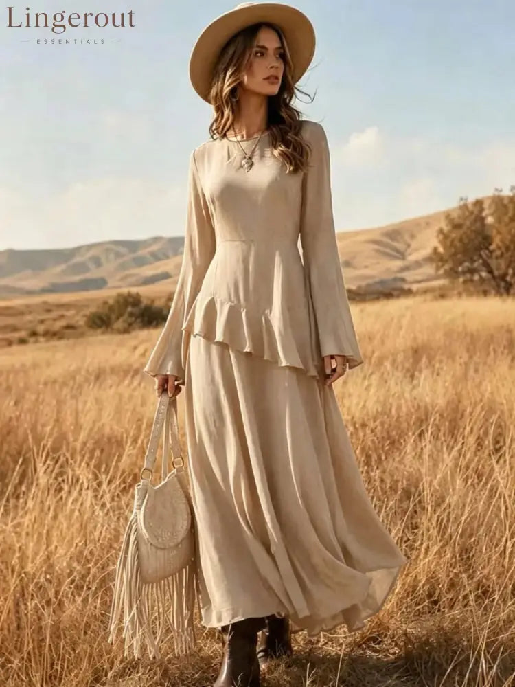 Asymmetrical Ruffle Long‑Sleeve Chiffon Maxi Dress