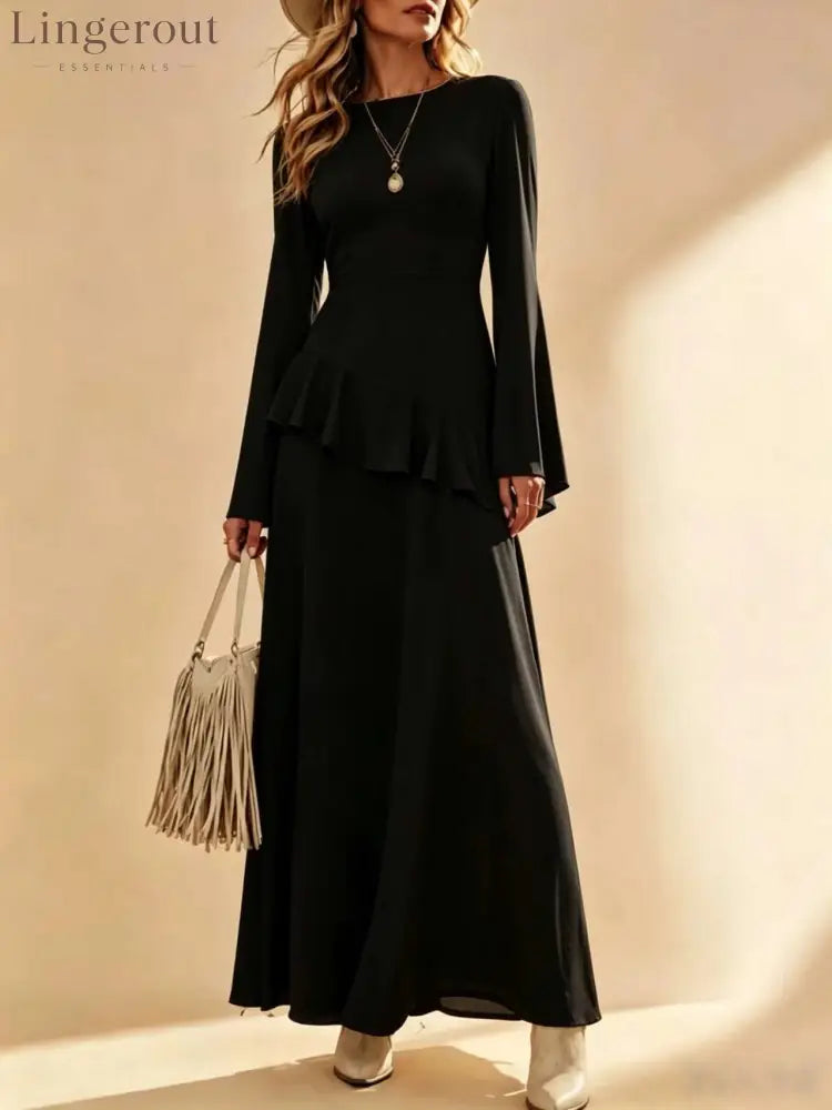 Asymmetrical Ruffle Long‑Sleeve Chiffon Maxi Dress - black / S