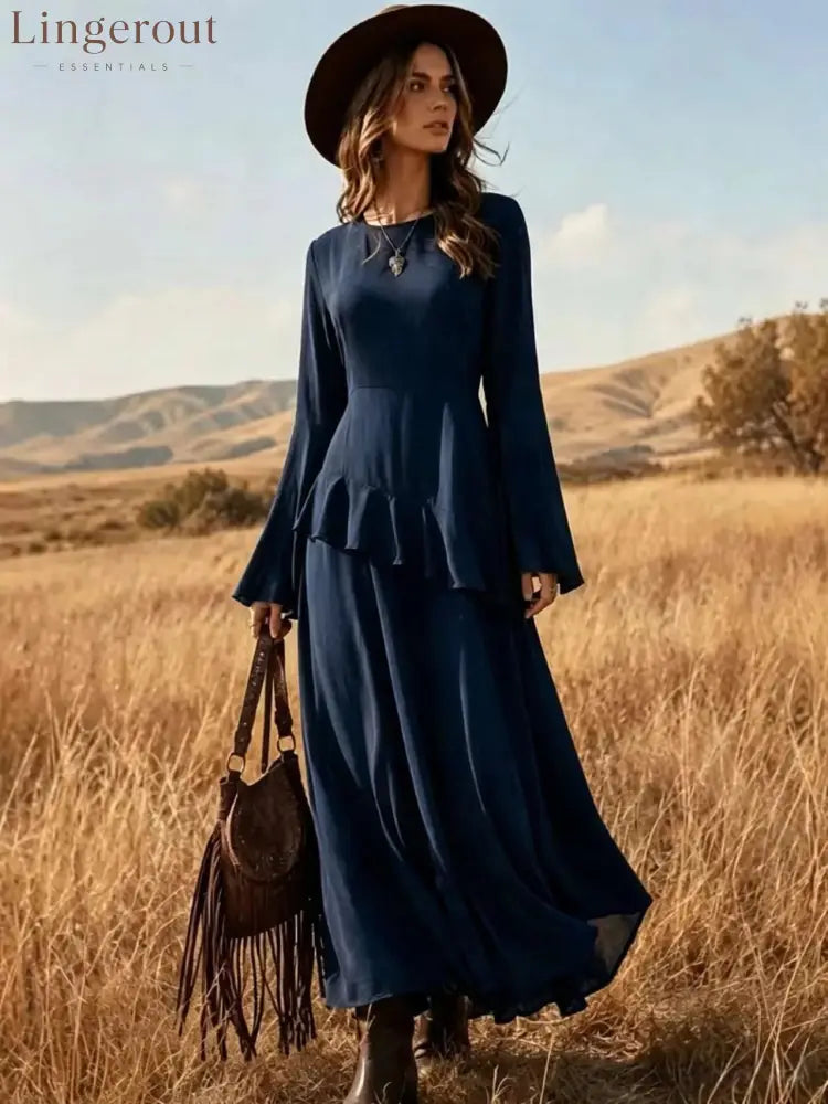 Asymmetrical Ruffle Long‑Sleeve Chiffon Maxi Dress - navy blue / S