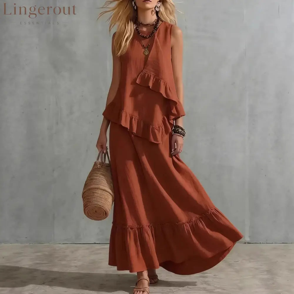 Asymmetrical Ruffle Sleeveless Textured Maxi Dress Flowy Loose Summer Resort Long Dress