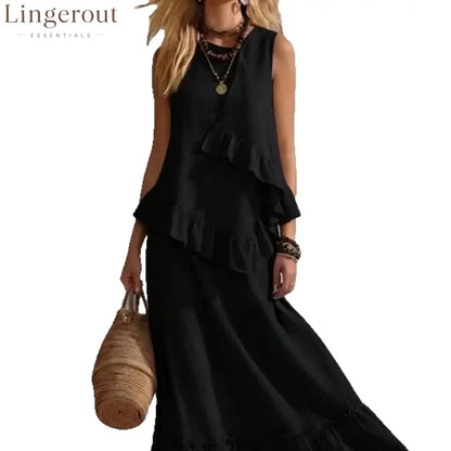 Asymmetrical Ruffle Sleeveless Textured Maxi Dress Flowy Loose Summer Resort Long Dress
