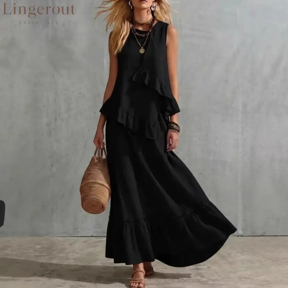 Asymmetrical Ruffle Sleeveless Textured Maxi Dress Flowy Loose Summer Resort Long Dress