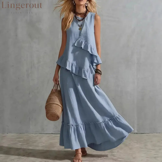 Asymmetrical Ruffle Sleeveless Textured Maxi Dress Flowy Loose Summer Resort Long Dress