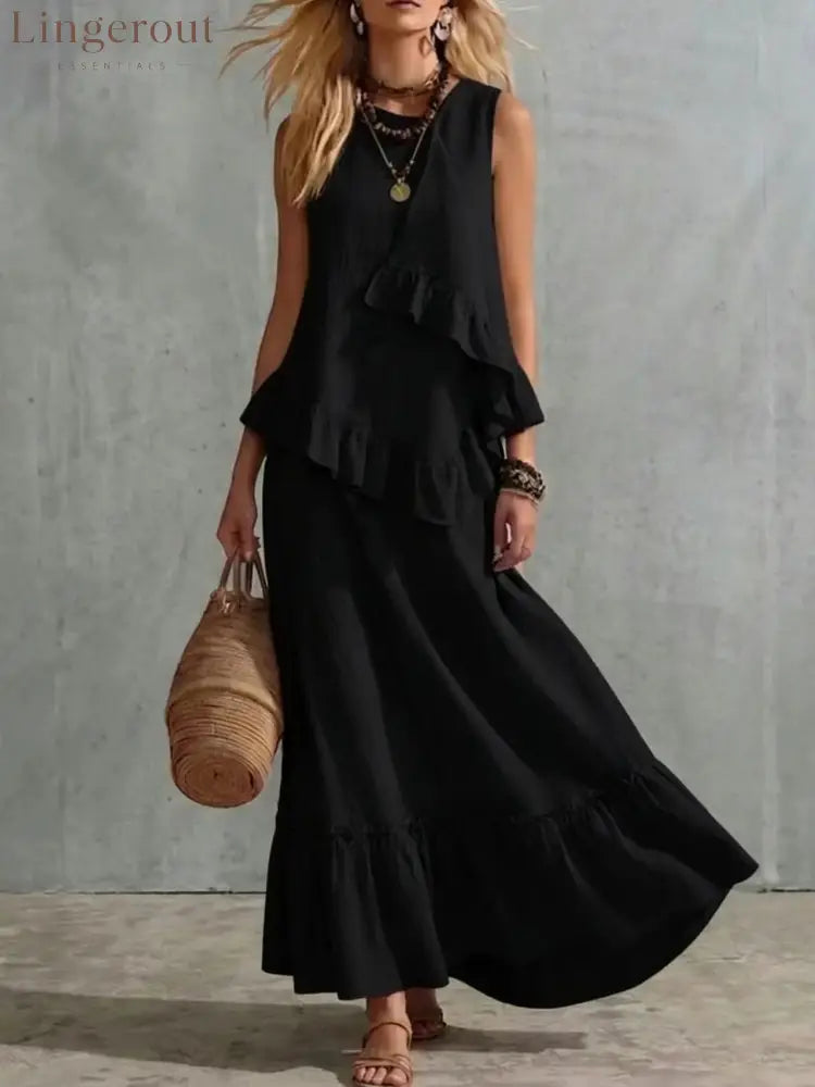Asymmetrical Ruffle Sleeveless Textured Maxi Dress Flowy Loose Summer Resort Long Dress - Black / S